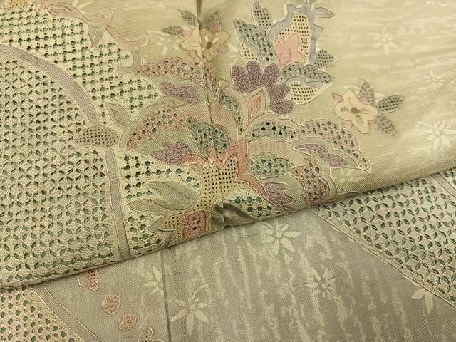 平和屋着物●中国三大刺繍 スワトウ刺繍 汕頭刺繍 総刺繍 訪問着 紬地 更紗文 正絹 逸品 AABN3065ph