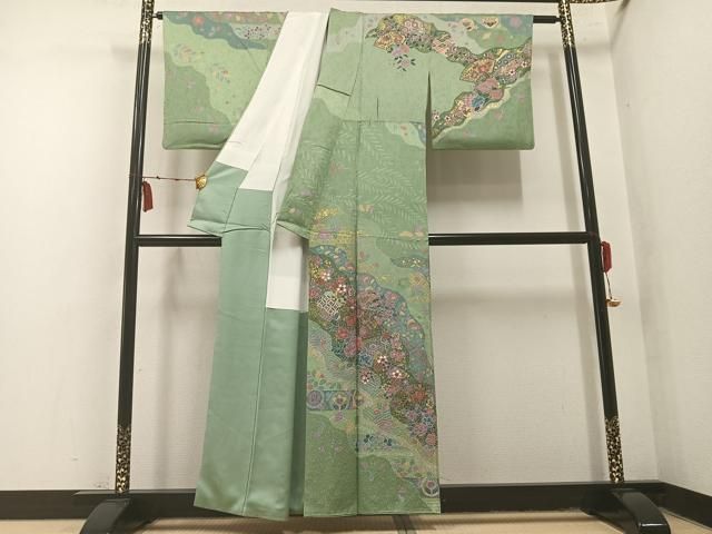 平和屋着物●訪問着 扇面吉祥花文 金彩 正絹 逸品 AABN3074ph