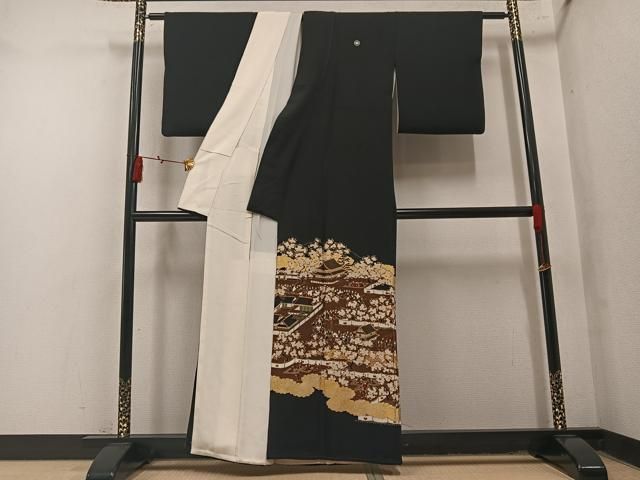 平和屋着物●松尾光琳 黒留袖 駒刺繍 人物風景桜文 金彩 正絹 逸品 AABN3092ph