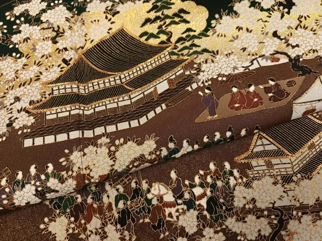 平和屋着物●松尾光琳 黒留袖 駒刺繍 人物風景桜文 金彩 正絹 逸品 AABN3092ph