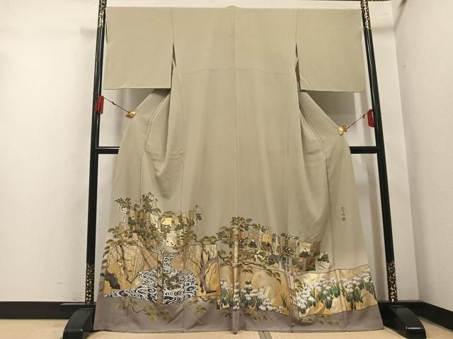 平和屋着物●螺鈿作家 甲斐泰造 色留訪問着 色紙人物草花文 金彩 正絹 逸品 AABN3110ph