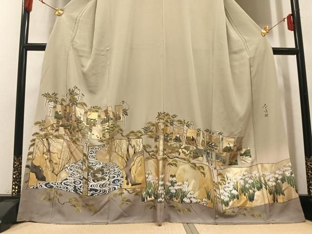 平和屋着物●螺鈿作家 甲斐泰造 色留訪問着 色紙人物草花文 金彩 正絹 逸品 AABN3110ph
