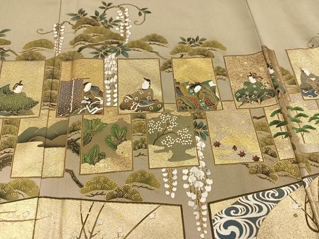 平和屋着物●螺鈿作家 甲斐泰造 色留訪問着 色紙人物草花文 金彩 正絹 逸品 AABN3110ph