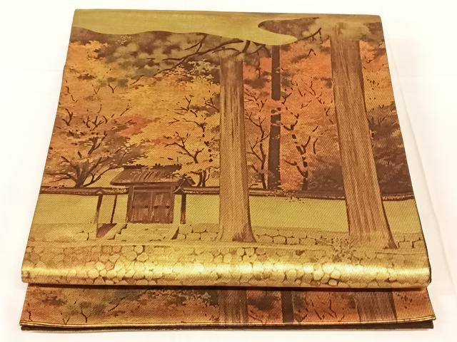 平和屋着物◎六通柄袋帯 風景文 金糸 正絹 逸品 AABN3124dk