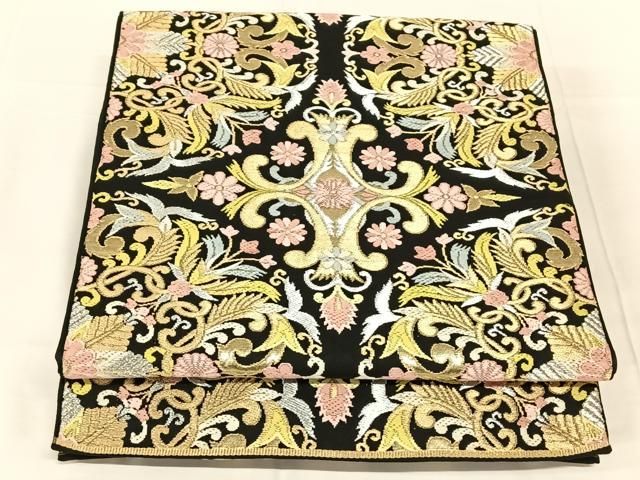 平和屋着物◎六通柄 本袋帯 唐織 花唐草文 黒地 金銀糸 正絹 逸品 AABN3125dk