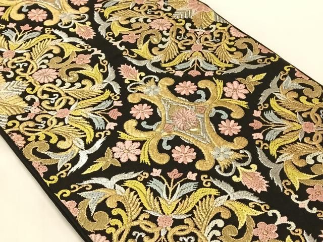 平和屋着物◎六通柄 本袋帯 唐織 花唐草文 黒地 金銀糸 正絹 逸品 AABN3125dk