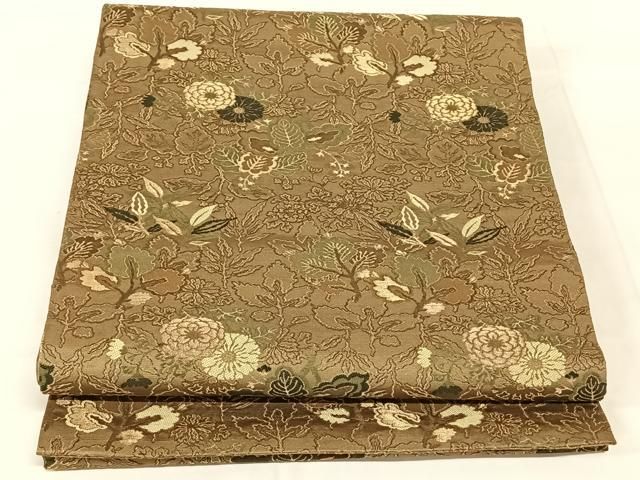 平和屋着物◎アンティーク 大正ロマン 丸帯 草花文 金糸 正絹 逸品 AABN3126dk