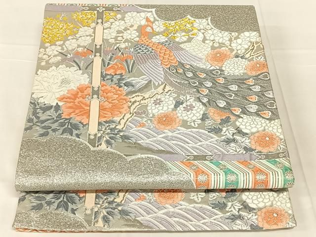 平和屋着物◎六通柄袋帯 唐織 孔雀花丸文 銀糸 正絹 逸品 AABN3131dk