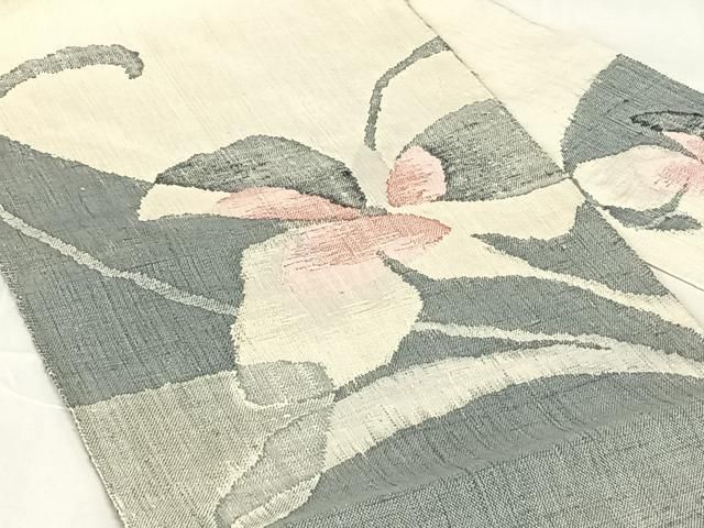 平和屋着物◎八寸名古屋帯 紬地 枝花文 正絹 逸品 AABN3138dk
