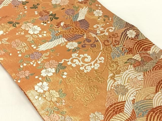 平和屋着物◎唐織佐賀錦 六通柄袋帯 瑞鳥桜花流波文 金糸 正絹 逸品 AABN3143dk
