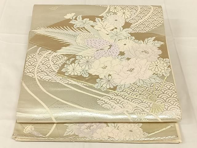 平和屋着物◎六通柄袋帯 唐織 扇花鳥文 金銀糸 正絹 逸品 AABN3145dk