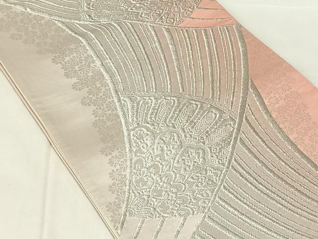 平和屋着物◎六通柄袋帯 扇面花文 銀糸 正絹 逸品 AABN3146dk