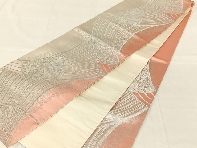 平和屋着物◎六通柄袋帯 扇面花文 銀糸 正絹 逸品 AABN3146dk