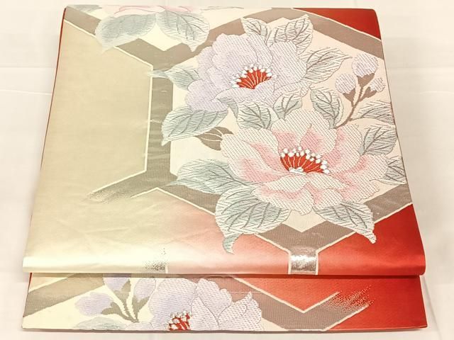平和屋着物◎六通柄袋帯 唐織 亀甲草花文 銀糸 正絹 逸品 AABN3157dk