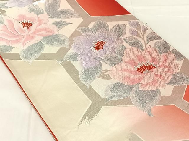 平和屋着物◎六通柄袋帯 唐織 亀甲草花文 銀糸 正絹 逸品 AABN3157dk