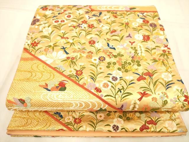 平和屋着物◎六通柄袋帯 唐織 花鳥文 金糸 正絹 逸品 AABN3246ps