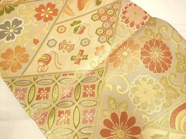 平和屋着物◎六通柄袋帯 あぜくら 草花文 金糸 正絹 逸品 未使用 AABN3251ps
