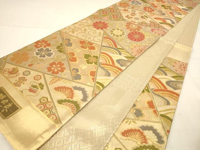 平和屋着物◎六通柄袋帯 あぜくら 草花文 金糸 正絹 逸品 未使用 AABN3251ps