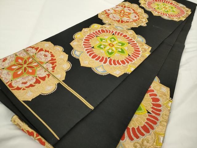 平和屋着物◎六通柄袋帯 唐織 正倉院花文 黒地 金銀糸 正絹 逸品 AABN3281ps