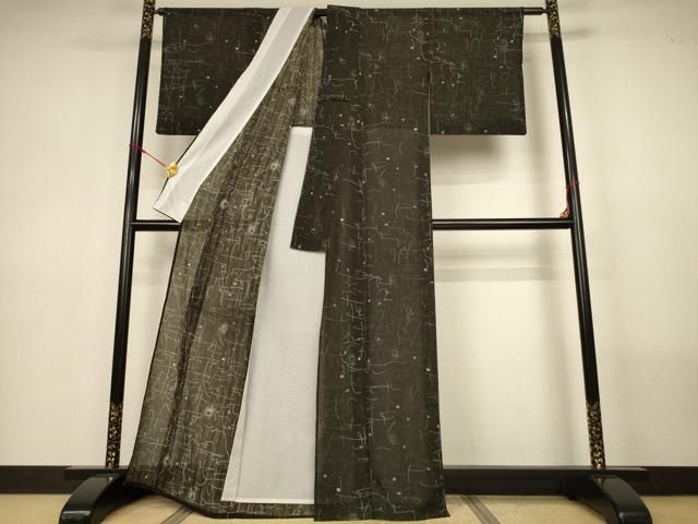 平和屋着物*夏物 小紋 紗 抽象文様 黒地 洗える着物 AABN3377jd