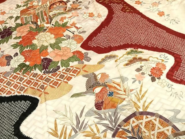 平和屋着物●創業460年・千總 振袖 長襦袢(無双仕立て)セット 絞り 駒刺繍 御所車鴛鴦花文 金彩 正絹 逸品 AABN3565fy