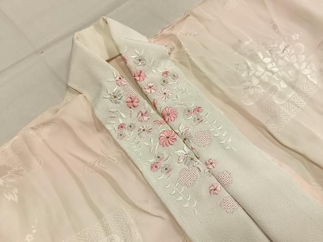 平和屋着物●振袖用長襦袢 無双仕立て 草花地紋 暈し染め 半衿刺繍 正絹 逸品 AABN3575fy