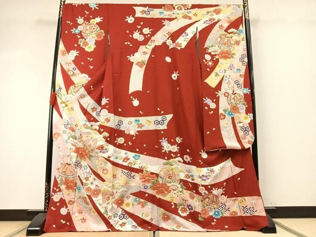 平和屋着物●豪華振袖 駒刺繍 鞠 熨斗花文 金彩 正絹 逸品 AABN3587fy