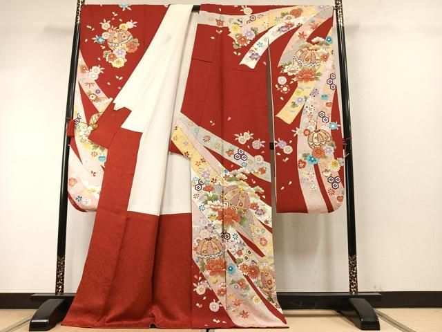 平和屋着物●豪華振袖 駒刺繍 鞠 熨斗花文 金彩 正絹 逸品 AABN3587fy
