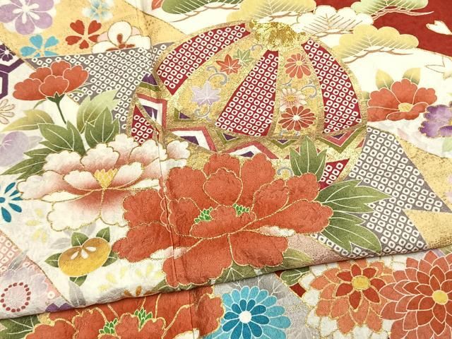 平和屋着物●豪華振袖 駒刺繍 鞠 熨斗花文 金彩 正絹 逸品 AABN3587fy