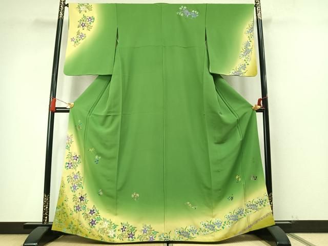 平和屋着物●染色作家 林川信夫 訪問着 刺繍 草花文 暈し染め 金糸 金彩 正絹 逸品 未使用 AABN3602fy