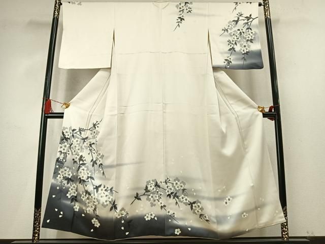 平和屋着物●訪問着 枝桜文 暈し染め 銀彩 銀通し地 正絹 逸品 AABN3607fy
