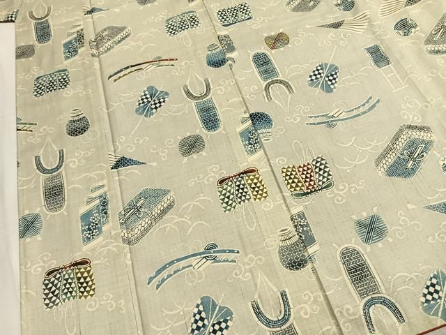 平和屋着物●上質な小紋 紬地 型染め 器物文 正絹 逸品 AABN3620fy