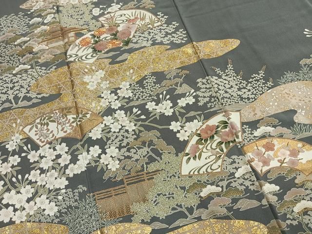平和屋着物●豪華色留袖 駒刺繍 風景地紙花文 金彩 正絹 逸品 AABN3641fy