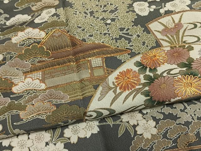 平和屋着物●豪華色留袖 駒刺繍 風景地紙花文 金彩 正絹 逸品 AABN3641fy