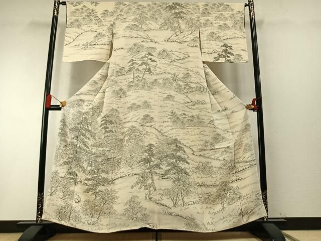 平和屋着物●日展作家 寺島節朗 訪問着 手描 風景松文 鬼しぼ縮緬 正絹 逸品 AABN3647fy