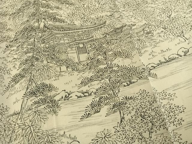 平和屋着物●日展作家 寺島節朗 訪問着 手描 風景松文 鬼しぼ縮緬 正絹 逸品 AABN3647fy