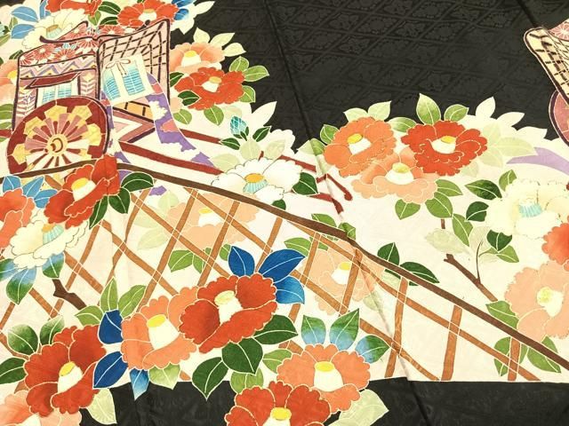 平和屋着物●豪華振袖 御所車花文 黒地 金彩 正絹 逸品 AABN3721fy