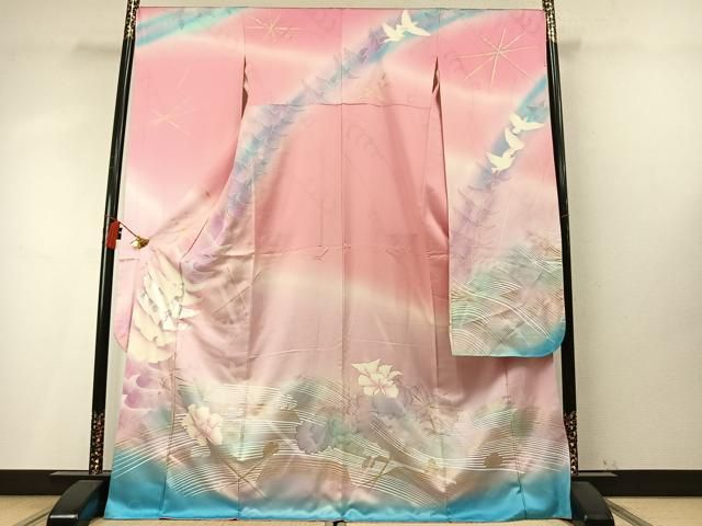 平和屋着物●フランソワーズ・モレシャン 振袖 花鳥文 暈し染め ラインストーン 金銀彩 正絹 逸品 AABN3736fy