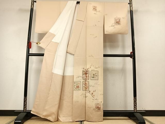 平和屋着物●中国三大刺繍 スワトウ刺繍 汕頭刺繍 総刺繍 訪問着 色紙花鳥文 暈し染め 正絹 逸品 AABN3741fy