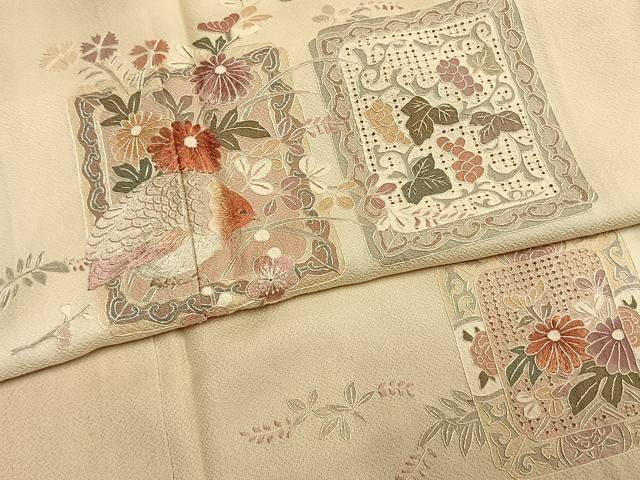 平和屋着物●中国三大刺繍 スワトウ刺繍 汕頭刺繍 総刺繍 訪問着 色紙花鳥文 暈し染め 正絹 逸品 AABN3741fy