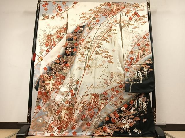 平和屋着物●豪華振袖 駒刺繍 御所車花文 暈し染め 金彩 正絹 逸品 AABN3744fy
