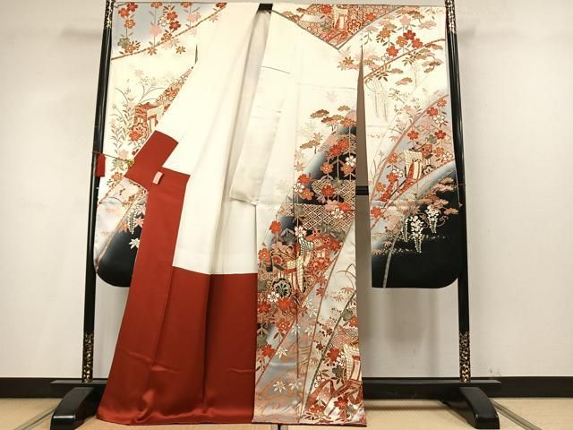 平和屋着物●豪華振袖 駒刺繍 御所車花文 暈し染め 金彩 正絹 逸品 AABN3744fy