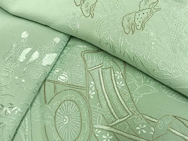 平和屋着物●中国三大刺繍 スワトウ刺繍 汕頭刺繍 総刺繍 訪問着 松竹梅 御所車人物文 金糸 正絹 逸品 未使用 AABN3767fy