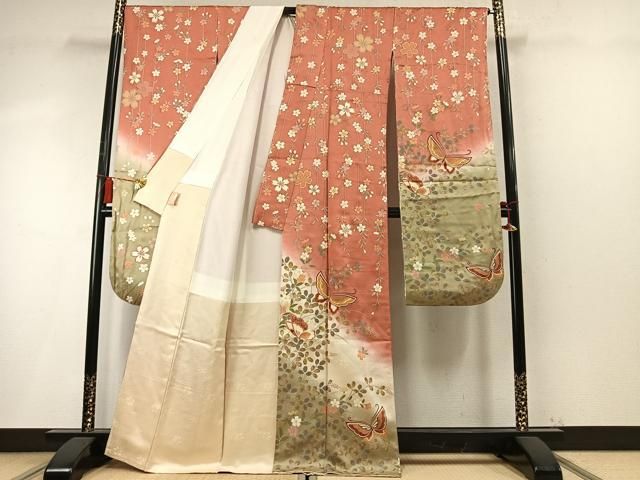 平和屋着物●豪華振袖 花蝶文 暈し染め 金彩 正絹 逸品 AABN3802fy