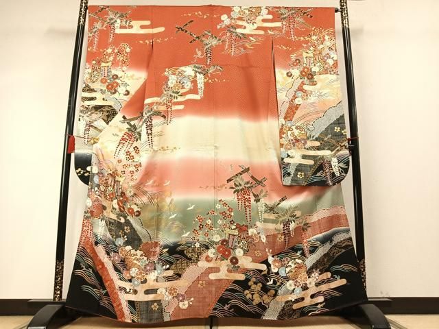 平和屋着物●豪華振袖 駒刺繍 御所車花鳥文 暈し染め 金彩 正絹 逸品 AABN3813fy