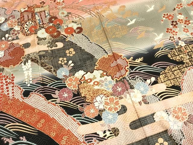 平和屋着物●豪華振袖 駒刺繍 御所車花鳥文 暈し染め 金彩 正絹 逸品 AABN3813fy