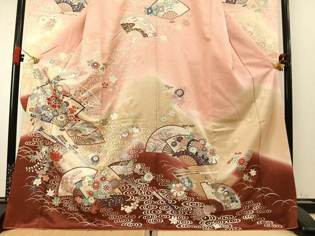 平和屋着物●豪華振袖 扇面花文 暈し染め 金銀彩 正絹 逸品 AABN3828fy