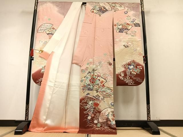 平和屋着物●豪華振袖 扇面花文 暈し染め 金銀彩 正絹 逸品 AABN3828fy