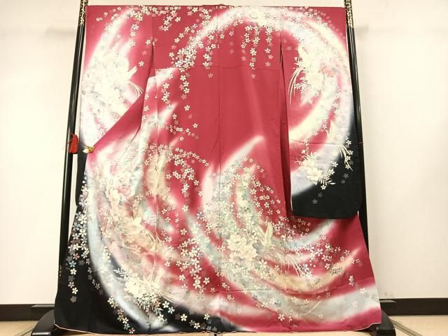 平和屋着物●豪華振袖 花鳥文 暈し染め 銀彩 正絹 逸品 AABN3844fy