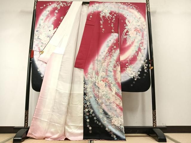 平和屋着物●豪華振袖 花鳥文 暈し染め 銀彩 正絹 逸品 AABN3844fy